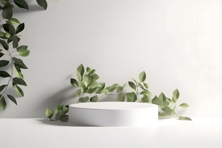 White podium backdrop mockup template, with natural green leaves plant twig, sunlight and foliages leaves shadow. 3d rendering. Created with generative AIの素材
