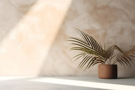 Modern empty pastel brown concrete counter table top in sunlight, palm leaf shadow on stucco texture wall. 3d rendering. Created with generative AIの素材