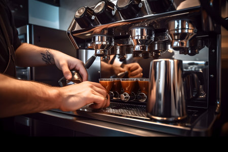 A barista expertly operating an espresso machine, extracting a perfect shot of espresso for a rich and flavorful coffee experience. Created with generative AIの素材
