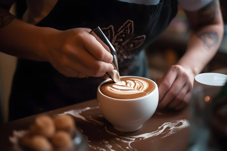 A barista crafting latte art with precision, creating intricate and beautiful designs on the surface of a freshly brewed coffee. Created with generative AIの素材