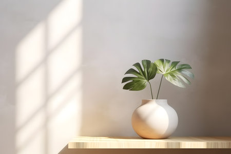 Modern white vase with green plant and a wooden plate on stone counter table with space in sunlight, leaf shadow on beige stucco cement wall for interior design decoration. 3d rendering. Created with generative AIの素材