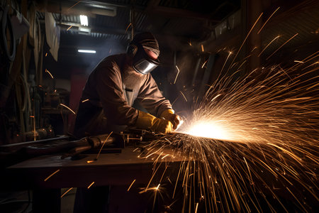 Artistic motion blur photograph of a welder in a fabrication workshop, showcasing the sparks and motion involved in metalworking. Generative AIの素材
