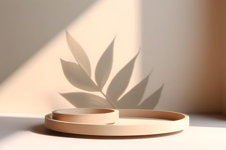 Two minimal modern wooden round tray podium on white glossy table counter in sunlight, leaf shadow on beige wall background. 3d rendering. Created with generative AIの素材