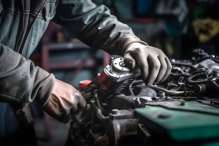 A car mechanic repairing a vehicle's engine, using their expertise to fix mechanical issues. Created with generative AIの素材