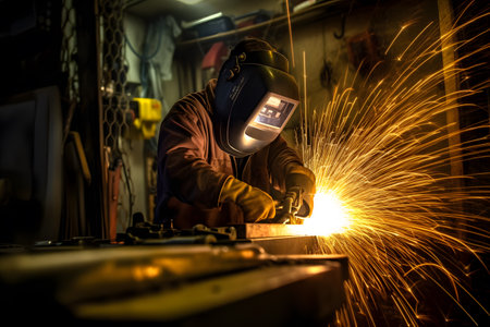 Artistic motion blur photograph of a welder in a fabrication workshop, showcasing the sparks and motion involved in metalworking. Generative AIの素材