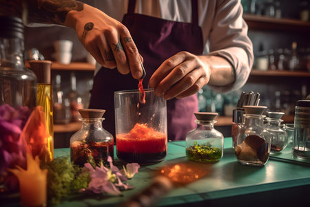 A bartender creating a signature cocktail for a customer, using unique ingredients and techniques to deliver a one-of-a-kind drinking experience. Created with generative AIの素材