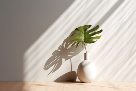 Modern white vase with green plant and a wooden plate on stone counter table with space in sunlight, leaf shadow on beige stucco cement wall for interior design decoration. 3d rendering. Created with generative AIの素材