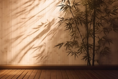 Soft and beautiful foliage dappled sunlight of tropical bamboo tree leaf shadow on brown wooden panel wall, clean mockup template. 3d rendering. Created with generative AIの素材