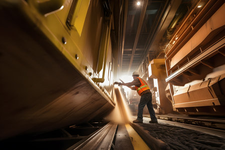 Artistic motion blur photograph of a dockworker loading cargo onto a ship, showcasing the efficiency and movement in the logistics industry. Generative AIの素材