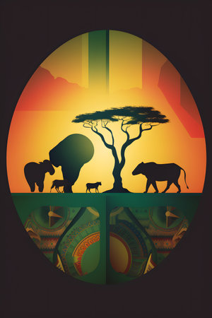 Conceptual illustration with african themes and motifs. Can be used as a background image for Africa related designs. Created with generative AIの素材