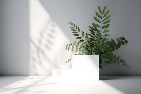 White podium backdrop mockup template, with natural green leaves plant twig, sunlight and foliages leaves shadow. 3d rendering. Created with generative AIの素材