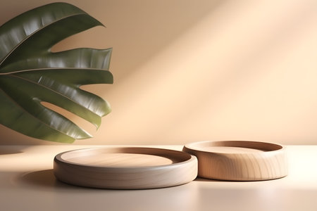 Two minimal modern wooden round tray podium on white glossy table counter in sunlight, leaf shadow on beige wall background. 3d rendering. Created with generative AIの素材