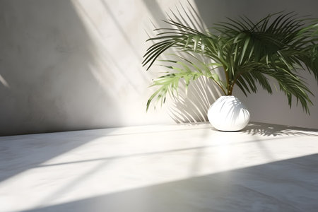 Modern minimal empty white marble stone counter table top, in sunlight, palm foliage leaf shadow on concrete wall background. 3d rendering. Created with generative AIの素材