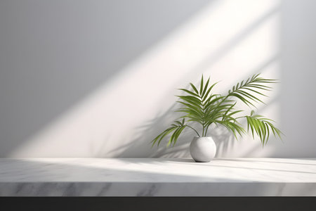 Modern minimal empty white marble stone counter table top, in sunlight, palm foliage leaf shadow on concrete wall background. 3d rendering. Created with generative AIの素材