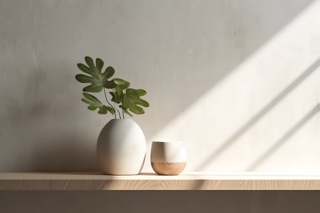 Modern white vase with green plant and a wooden plate on stone counter table with space in sunlight, leaf shadow on beige stucco cement wall for interior design decoration. 3d rendering. Created with generative AIの素材