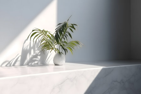 Modern minimal empty white marble stone counter table top, in sunlight, palm foliage leaf shadow on concrete wall background. 3d rendering. Created with generative AIの素材