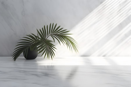 Modern minimal empty white marble stone counter table top, in sunlight, palm foliage leaf shadow on concrete wall background. 3d rendering. Created with generative AIの素材