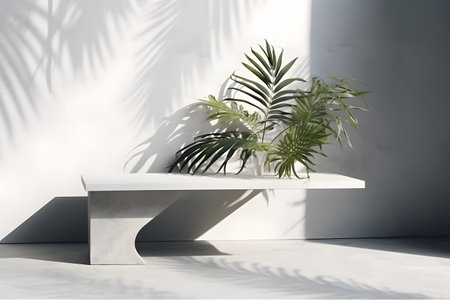 Modern minimal empty white marble stone counter table top, in sunlight, palm foliage leaf shadow on concrete wall background. 3d rendering. Created with generative AIの素材