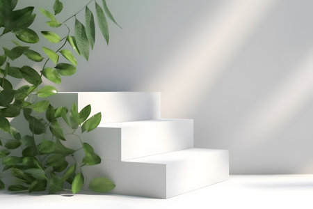 White podium backdrop mockup template, with natural green leaves plant twig, sunlight and foliages leaves shadow. 3d rendering. Created with generative AIの素材