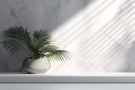 Modern minimal empty white marble stone counter table top, in sunlight, palm foliage leaf shadow on concrete wall background. 3d rendering. Created with generative AIの素材