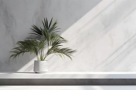Modern minimal empty white marble stone counter table top, in sunlight, palm foliage leaf shadow on concrete wall background. 3d rendering. Created with generative AIの素材