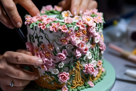 A baker skillfully decorating a cake with intricate piping and delicate sugar flowers, demonstrating the craftsmanship of pastry art. Created with generative AIの素材