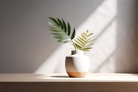 Modern white vase with green plant and a wooden plate on stone counter table with space in sunlight, leaf shadow on beige stucco cement wall for interior design decoration. 3d rendering. Created with generative AIの素材
