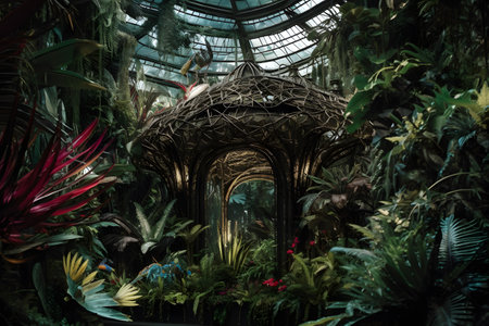 An otherworldly composition featuring a surreal combination of tropical foliage and intricate glass structures, creating an enchanting and dreamlike setting that blurs the boundaries between nature and human design. Created with generative AIの素材