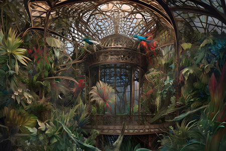 An otherworldly composition featuring a surreal combination of tropical foliage and intricate glass structures, creating an enchanting and dreamlike setting that blurs the boundaries between nature and human design. Created with generative AIの素材