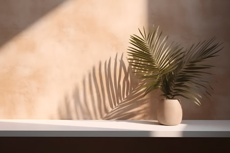 Modern empty pastel brown concrete counter table top in sunlight, palm leaf shadow on stucco texture wall. 3d rendering. Created with generative AIの素材