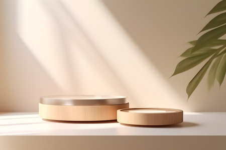 Two minimal modern wooden round tray podium on white glossy table counter in sunlight, leaf shadow on beige wall background. 3d rendering. Created with generative AIの素材