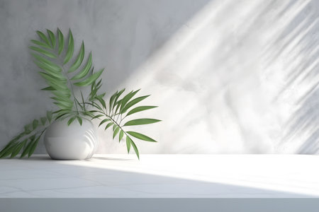 Modern minimal empty white marble stone counter table top, in sunlight, palm foliage leaf shadow on concrete wall background. 3d rendering. Created with generative AIの素材