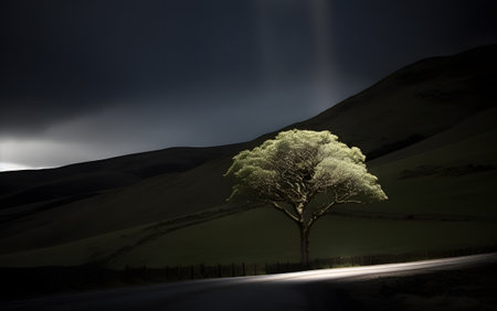 Beautiful countryside landscape in a dramatic lighting scenario. Photo realistic wallpaper. Created with generative AIの素材
