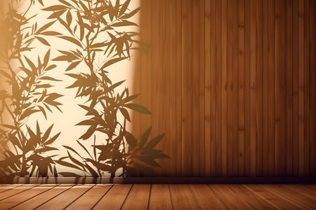 Soft and beautiful foliage dappled sunlight of tropical bamboo tree leaf shadow on brown wooden panel wall, clean mockup template. 3d rendering. Created with generative AIの素材
