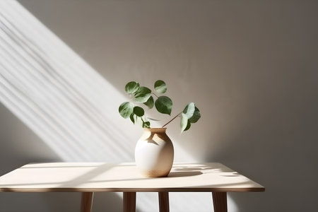 Modern white vase with green plant and a wooden plate on stone counter table with space in sunlight, leaf shadow on beige stucco cement wall for interior design decoration. 3d rendering. Created with generative AIの素材