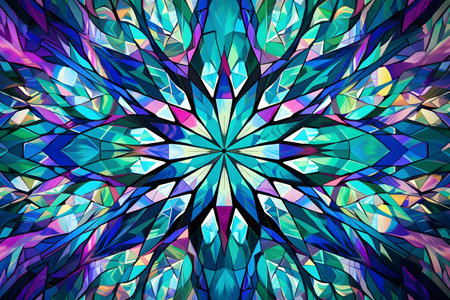 An intricate abstract background featuring interlocking geometric shapes in vibrant hues of blue, green, and purple, forming a mesmerizing kaleidoscope pattern that radiates energy and movement. Created with generative AIの素材