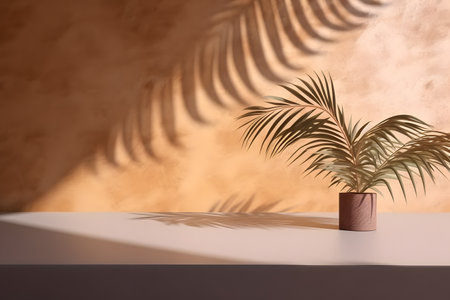 Modern empty pastel brown concrete counter table top in sunlight, palm leaf shadow on stucco texture wall. 3d rendering. Created with generative AIの素材