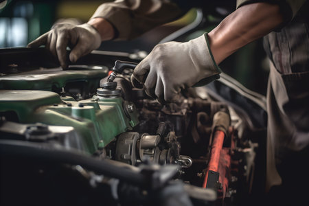 A car mechanic repairing a vehicle's engine, using their expertise to fix mechanical issues. Created with generative AIの素材