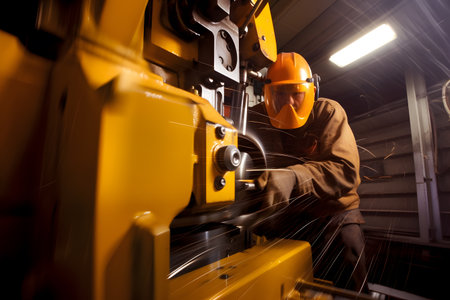 Artistic motion blur photograph of a factory worker operating heavy machinery, capturing the movement and energy in the manufacturing process. Generative AIの素材