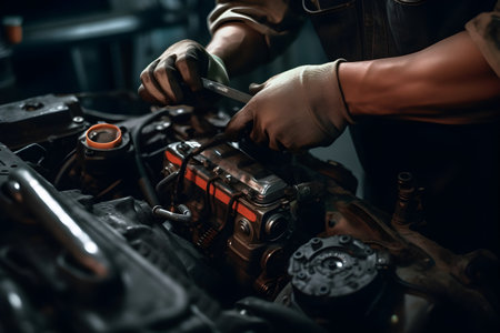 A car mechanic repairing a vehicle's engine, using their expertise to fix mechanical issues. Created with generative AIの素材
