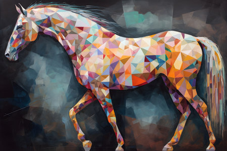 A beautiful horse, modern artwork, abstract colorful painting with geometric shapes. Hand drawn digital painting. Created with generative AIの素材