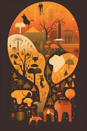 Conceptual illustration with african themes and motifs. Can be used as a background image for Africa related designs. Created with generative AIの素材