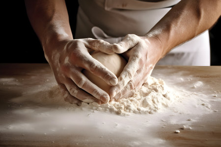 A baker kneading dough on a flour-dusted surface, preparing it for baking. Created with generative AIの素材