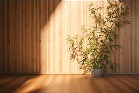 Soft and beautiful foliage dappled sunlight of tropical bamboo tree leaf shadow on brown wooden panel wall, clean mockup template. 3d rendering. Created with generative AIの素材
