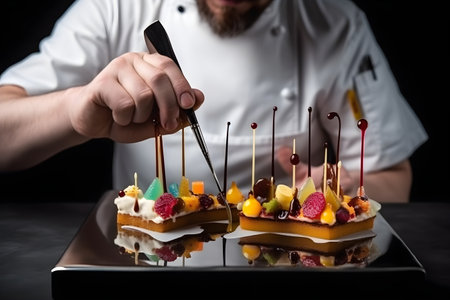 A baker experimenting with flavors and ingredients, creating unique and innovative pastries and desserts. Created with generative AIの素材