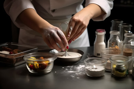 A baker carefully measuring ingredients for a recipe, emphasizing the importance of precision and accuracy in baking, Generative AIの素材