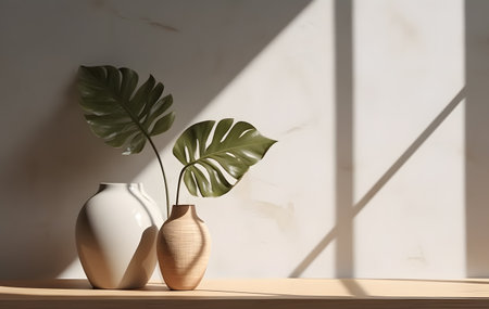 Modern white vase with green plant and a wooden plate on stone counter table with space in sunlight, leaf shadow on beige stucco cement wall for interior design decoration. 3d rendering. Created with generative AIの素材