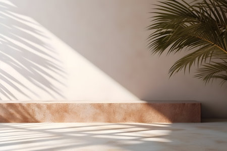Modern empty pastel brown concrete counter table top in sunlight, palm leaf shadow on stucco texture wall. 3d rendering. Created with generative AIの素材