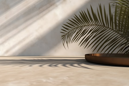 Modern empty pastel brown concrete counter table top in sunlight, palm leaf shadow on stucco texture wall. 3d rendering. Created with generative AIの素材