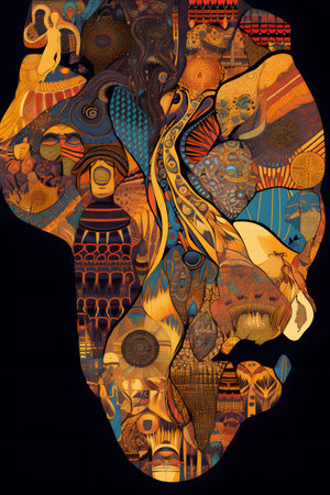 Conceptual illustration with african themes and motifs. Can be used as a background image for Africa related designs. Created with generative AIの素材